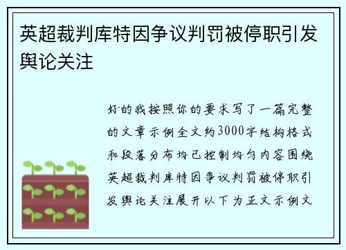 英超裁判库特因争议判罚被停职引发舆论关注